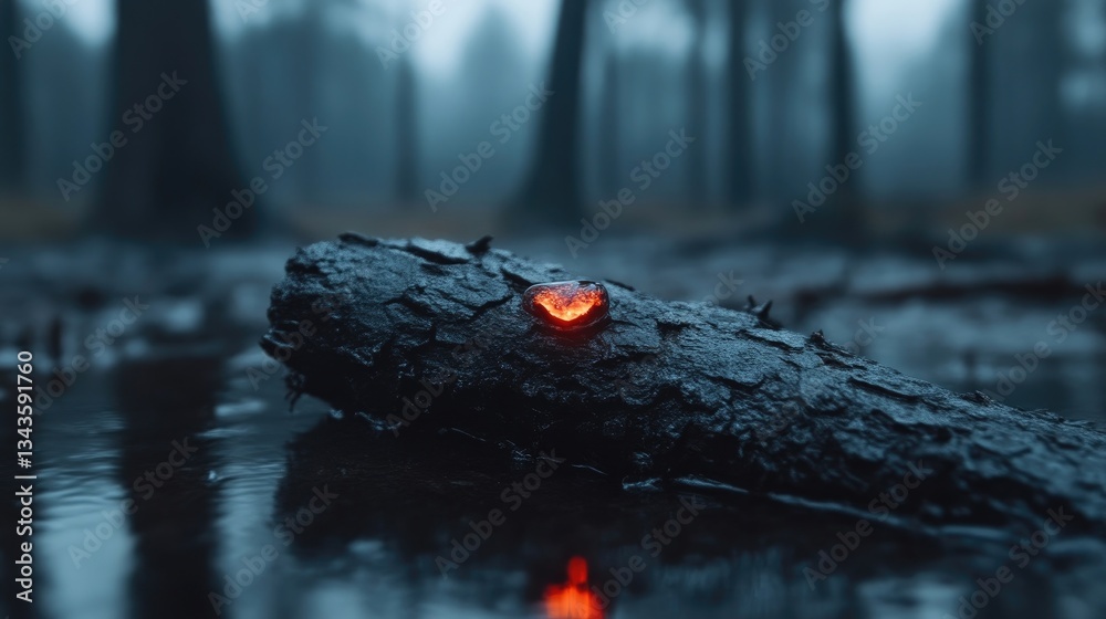 A glowing, red light on a log in a misty forest. Water reflects the light