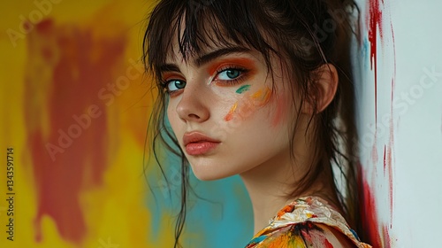 Vivid Portrait of Young Woman Covered in Colorful Paint for Artistic Concept