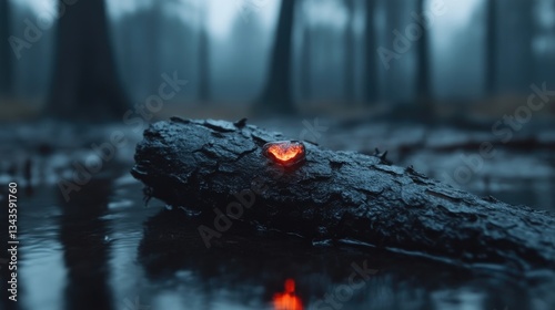 Obraz na płótnie A glowing, red light on a log in a misty forest. Water reflects the light w salonie