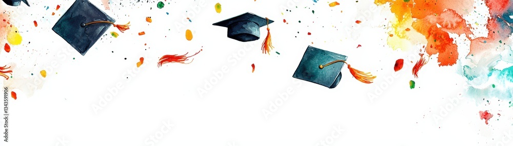 Fototapeta premium Colorful graduation caps float above a vibrant splash of paint, symbolizing achievement and celebration in education.
