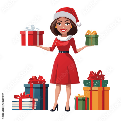 christmas woman in dress with gifts_2