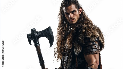Strong and Stylish Male Model with Long Hair Wearing Leather Jacket