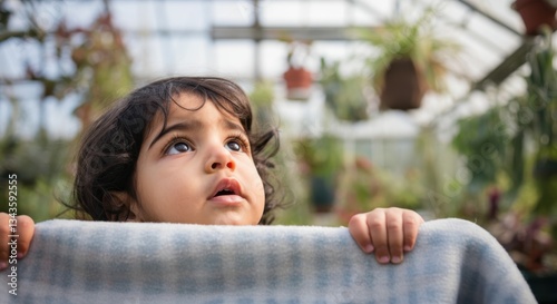 Curious hispanic child in greenhouse setting with soft evening light