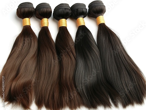 Several bundles of long human hair extensions are displayed together