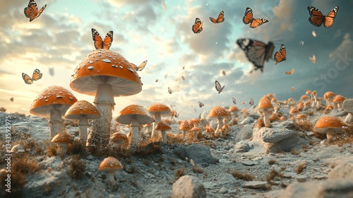 Enchanting Surreal Fantasy Landscape with Vibrant Mushrooms and Butterflies