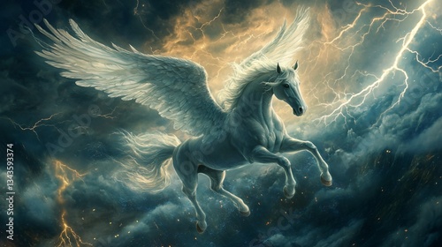 Majestic Pegasus with White Wings in Flight - Mythic Horse Image
