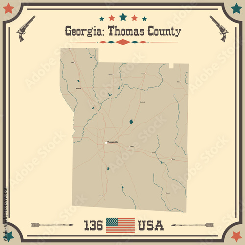 Large and accurate map of Thomas County, Georgia, USA with vintage colors.