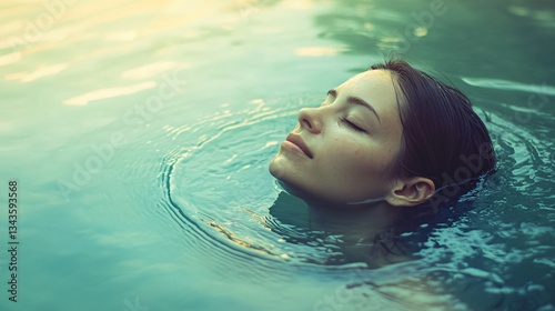 Woman Serenely Drifts Along River in Meditation - Tranquil Water Meditation Concept