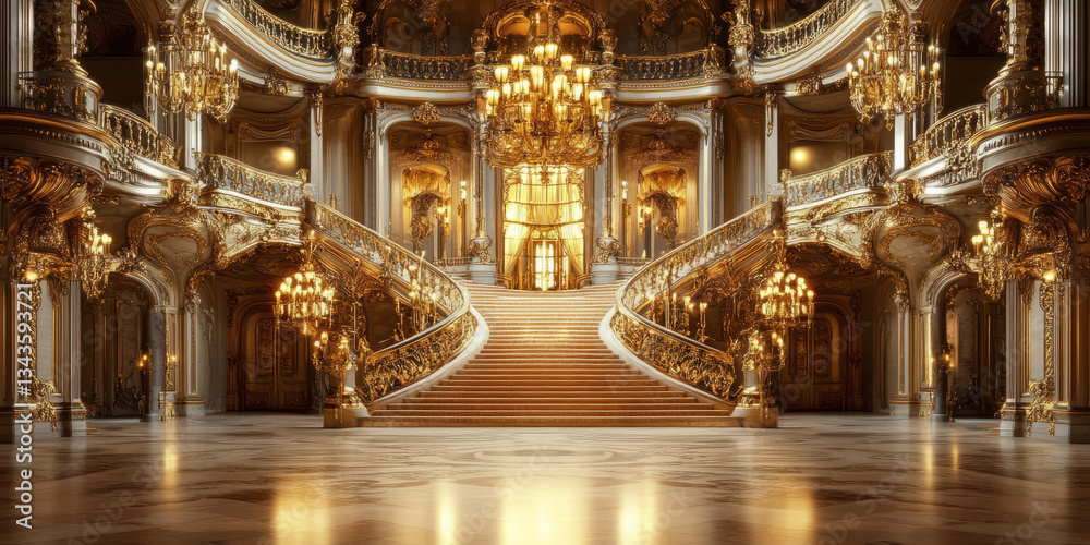 Obraz premium A luxurious 3D background of an opulent ballroom with polished marble floors, golden chandeliers, and grand staircases leading to an upper balcony. The walls are adorned with intricate baroque