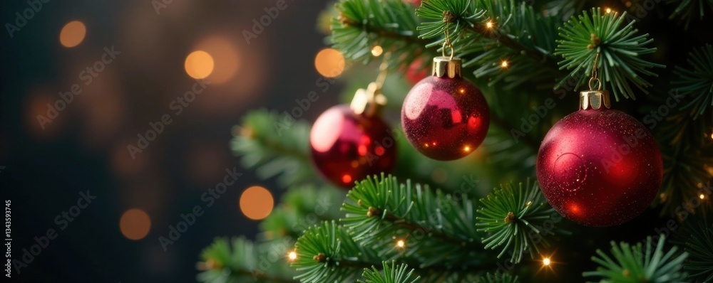 Fototapeta premium Colorful baubles adorn a lush green tree surrounded by twinkling fairy lights and warm ambiance, decoration, lights, festive
