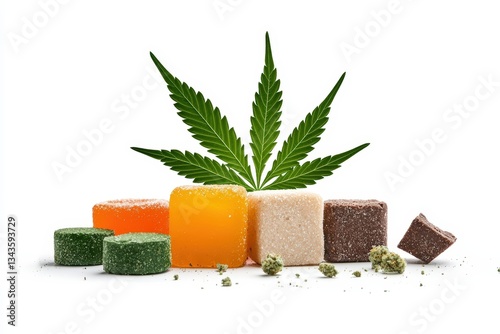 Colorful gummies infused with cannabis, arranged with a fresh marijuana leaf, ideal for wellness and relaxation themes.