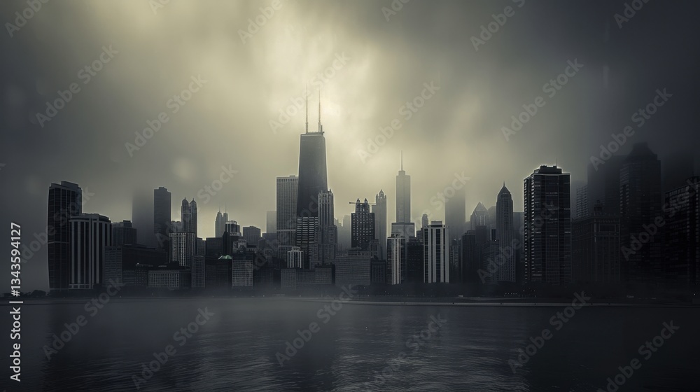 Fototapeta premium Gloomy Chicago Skyline Under Rain and Foggy Skies