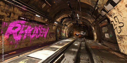A cyberpunk 3D background of an underground metro station repurposed as a hideout for a rebel faction. Holographic graffiti covers the walls, displaying anti-corporate slogans, while heavily modified