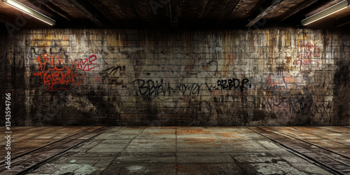 A cinematic 3D background of an old abandoned subway station, covered in graffiti and dimly lit by flickering overhead lights. The metal rails vanish into the darkness, while distant echoes create an