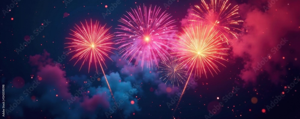 Fototapeta premium Colorful fireworks exploding in mid-air into a burst of shapes, light, sparks, stars