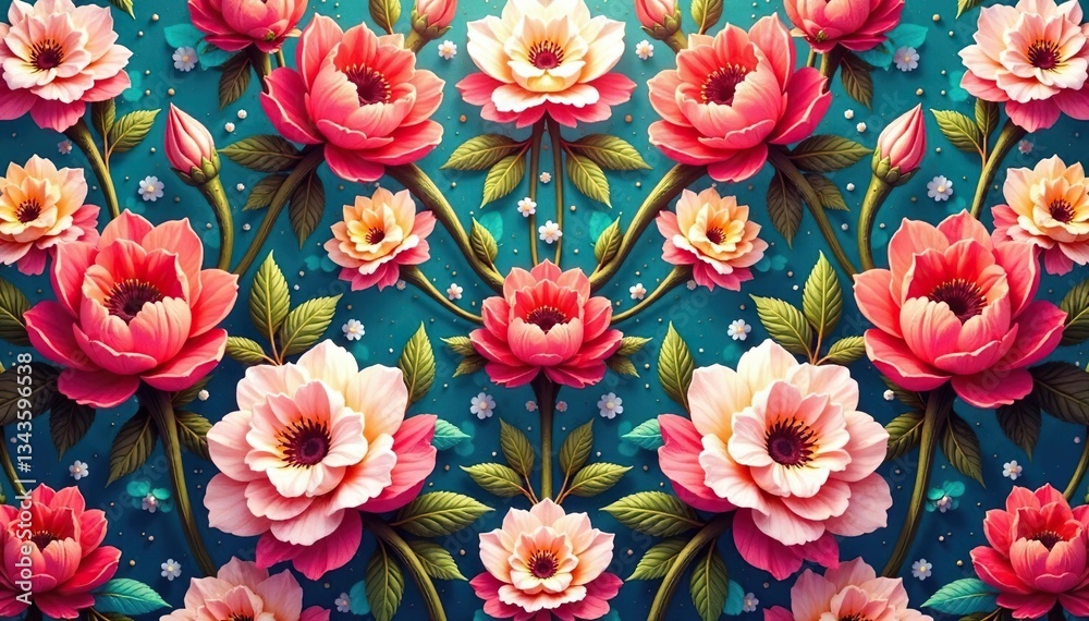 Intricate floral bouquet within a repeating hexagon, texture, surface Intricate floral bouquet within a repeating hexagon, texture, surface