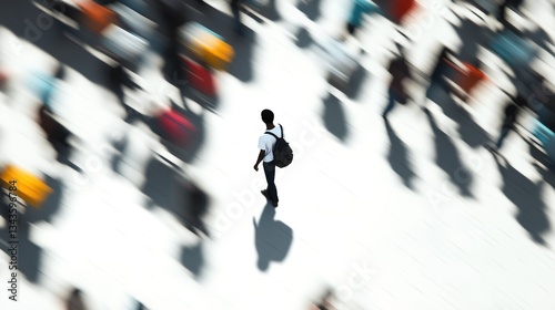 Migrant worker navigating through a busy urban landscape in daytime