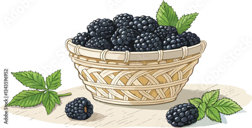 Blackberry in wicker basket on table in white background vector design, Blackberry vector design