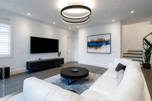 Modern, bright basement game room