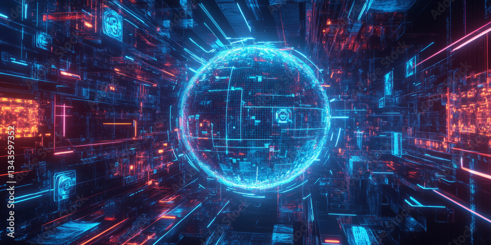 Obraz premium A futuristic 3D background with a hovering metallic sphere radiating a holographic interface. The neon symbols and interactive digital elements create a high-tech, cybernetic environment perfect for