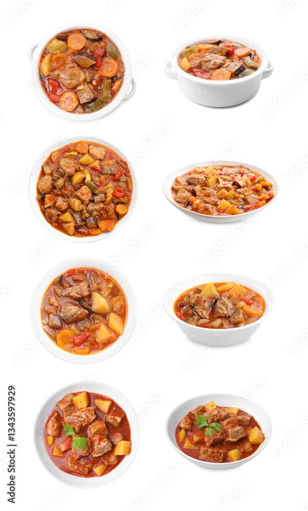 Different cooked stews isolated on white, set. Top and side view Different cooked stews isolated on white, set. Top and side view