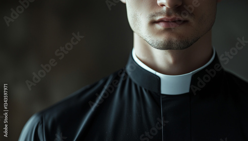 Priest Portrait: Close-up of a priest, wearing the traditional clerical collar and attire. Capturing the dignity and solemnity of a spiritual leader.