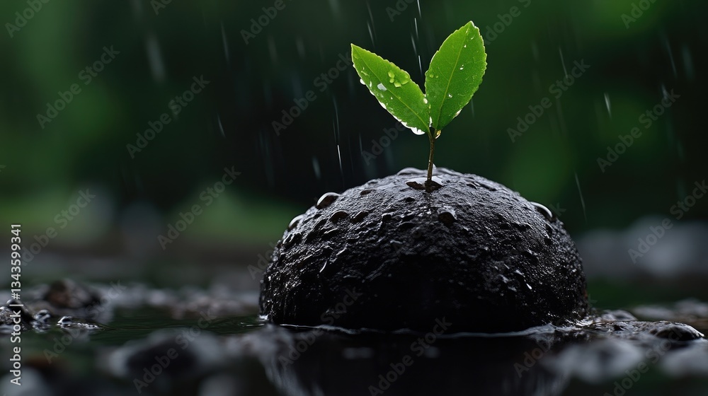 A young sprout emerging from wet soil in rain