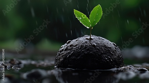 Obraz na płótnie A young sprout emerging from wet soil in rain w salonie