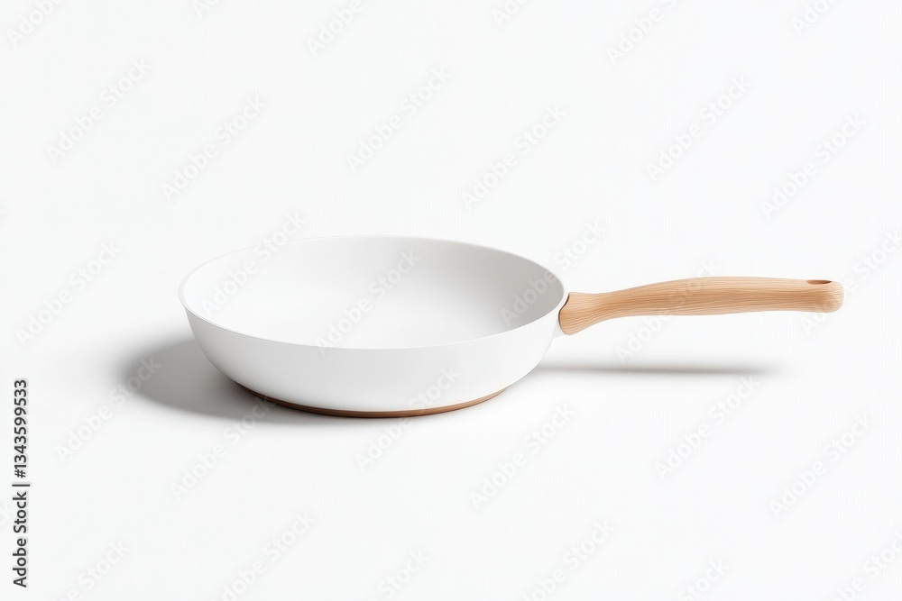 Empty white frying pan with light beige handle