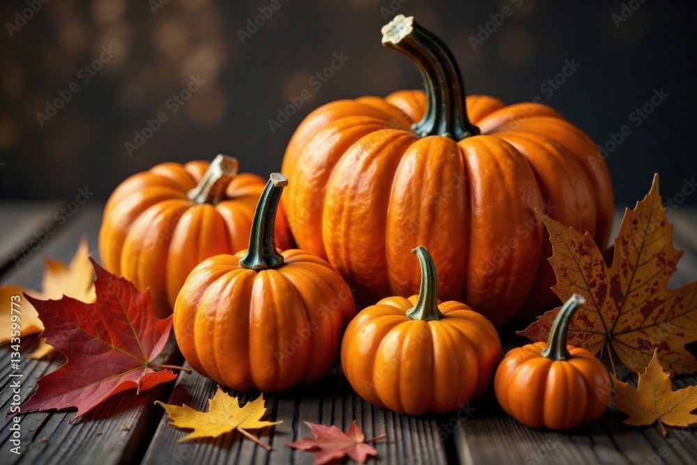 Richly colored pumpkins sit atop a wooden table surrounded by fallen autumn leaves on a dark wood background, Thanksgiving, decoration Richly colored pumpkins sit atop a wooden table surrounded by fallen autumn leaves on a dark wood background, Thanksgiving, decoration