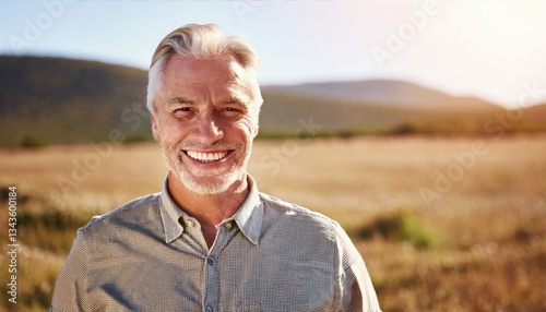 Senior man, smile and portrait at field in summer for outdoor adventure, nature and holiday