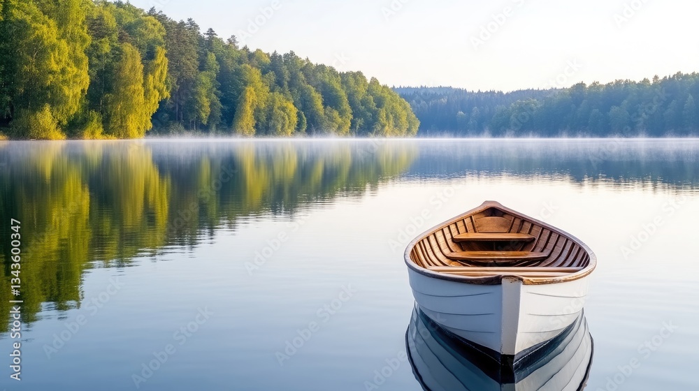 Calm lake scene with a small boat
