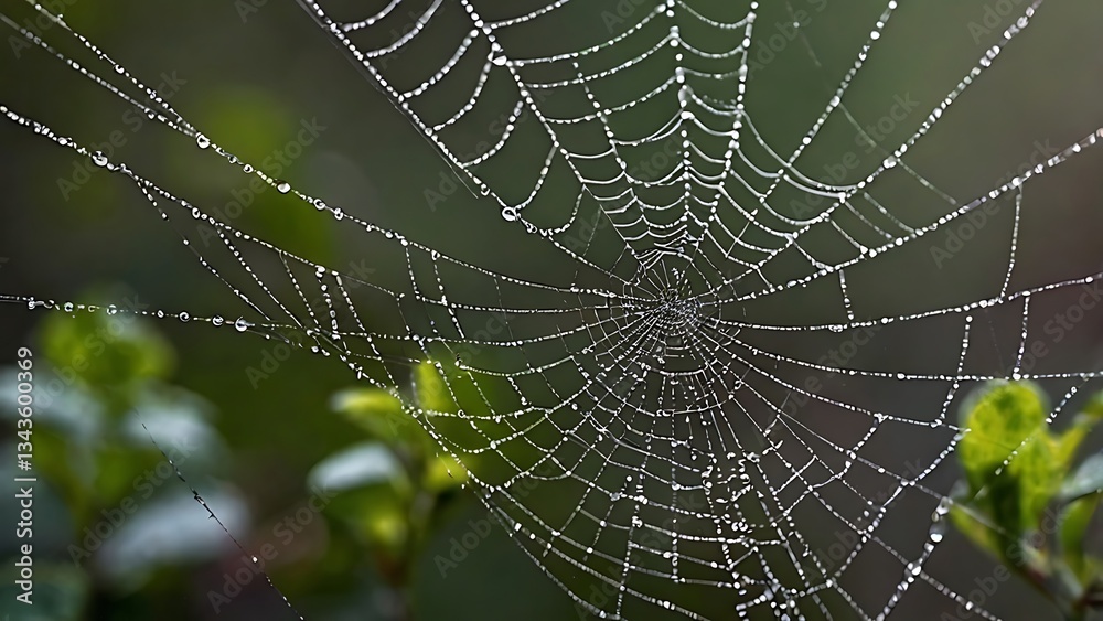 Naklejka premium Intricate Spiderweb Adorned with Dew Drops Capturing Nature's Beauty