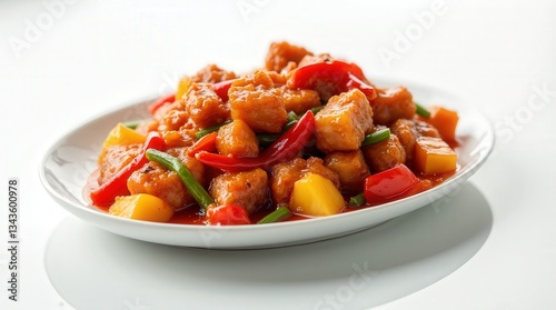 Sweet and sour pork served with colorful vegetables on a plate