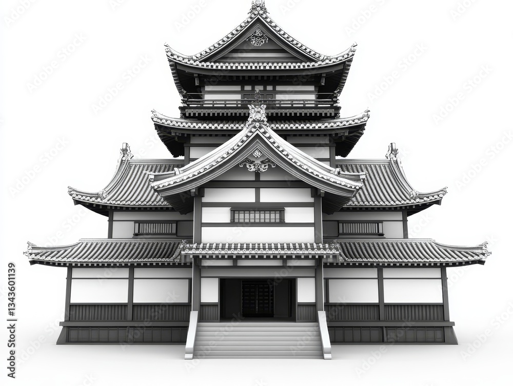 Fototapeta premium Majestic Japanese Castle: A Timeless Architectural Icon in Black and White, Evoking History and Culture