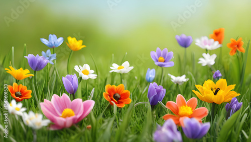 Colorful flowers growing in green grass during spring