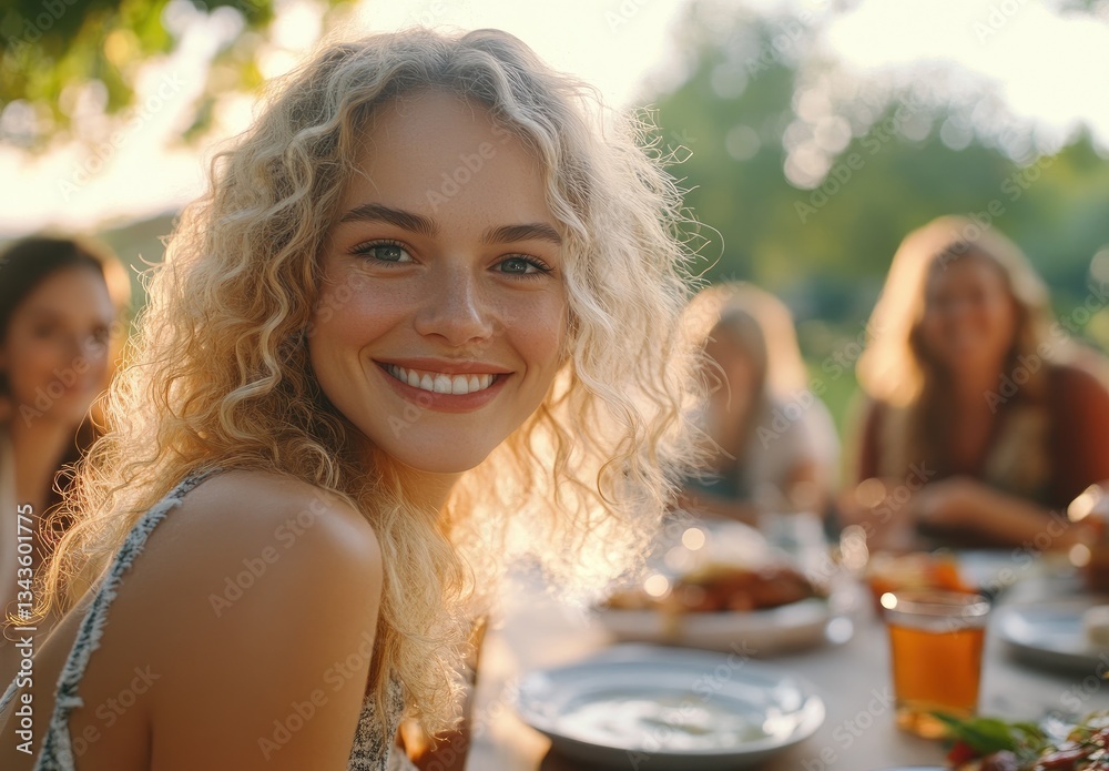 a blonde woman with curly hair, wearing casual and smiling at the camera while sitting with her family in an outdoor dining area on a summer day.