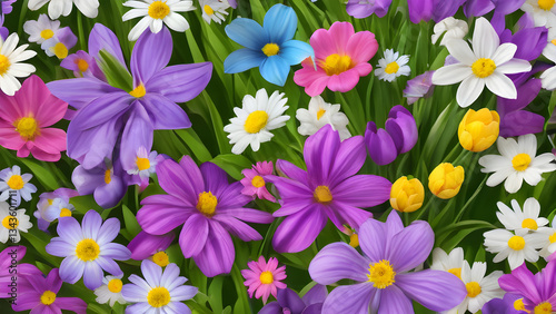 Colorful flowers growing in a field are creating a beautiful spring scene