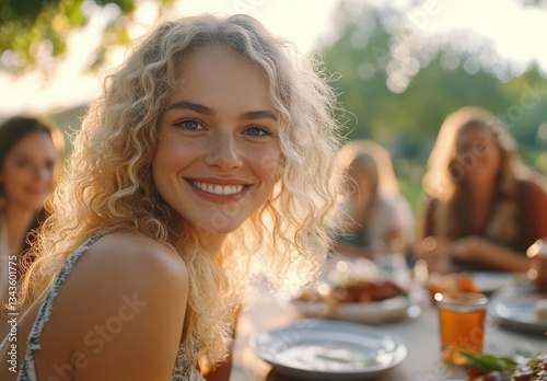 Obraz na płótnie a blonde woman with curly hair, wearing casual and smiling at the camera while sitting with her family in an outdoor dining area on a summer day. w salonie