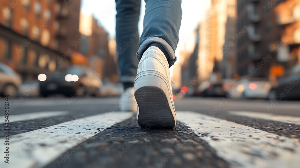 Fototapeta premium A person walking in sneakers on a city crosswalk, with blurred traffic and buildings in the background, reflecting urban life.