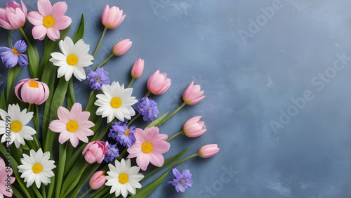 Pink tulips and daisies forming a floral spring background on blue textured backdrop