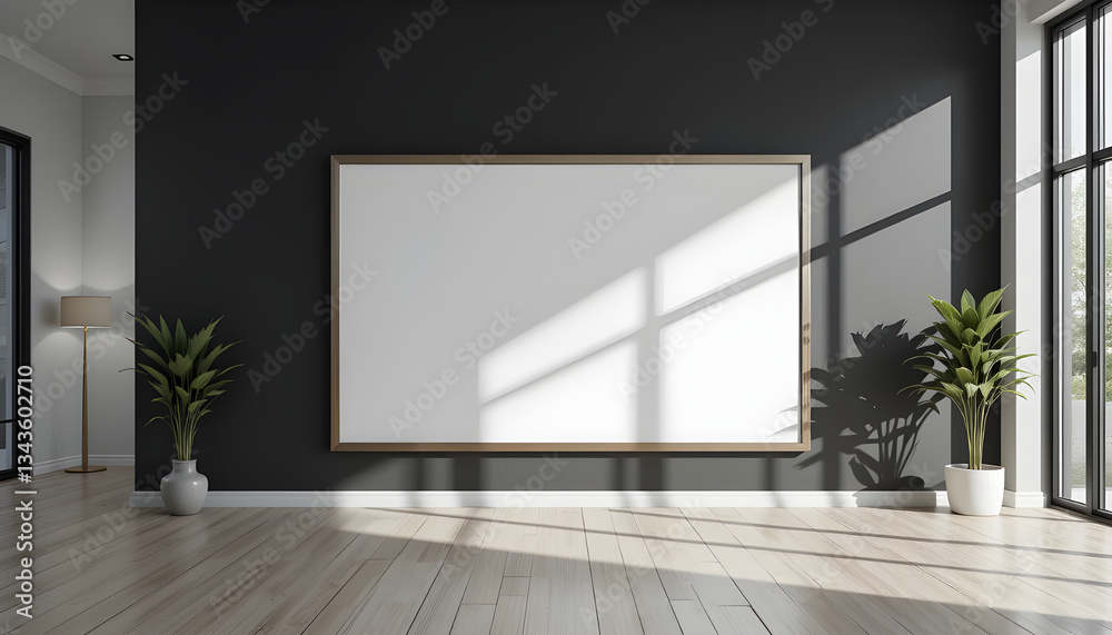 Obraz premium Modern empty frame mockup in a dark gray room.