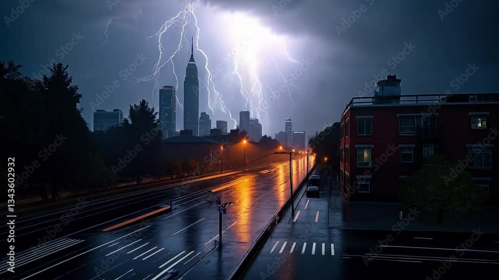 Tormenta eléctrica iluminando el skyline de la ciudad
