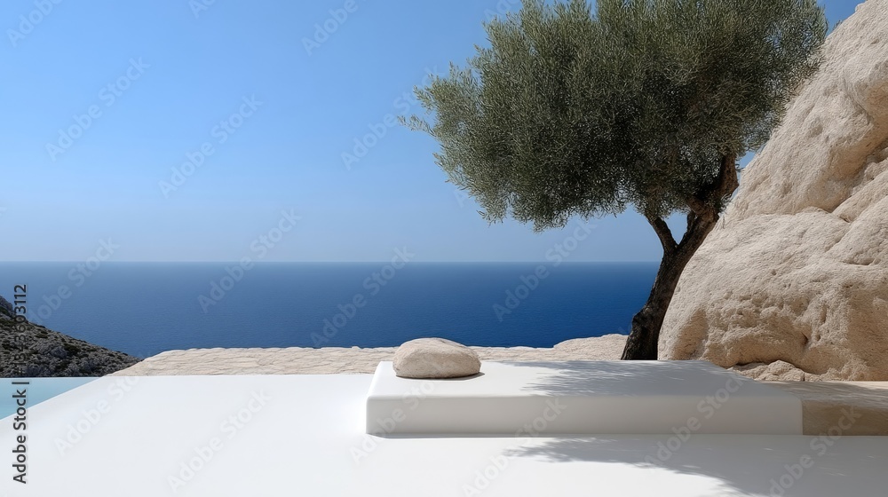Serene coastal terrace overlooking a vast azure sea, featuring a minimalist white platform and a large olive tree against a backdrop of rugged beige cliffs