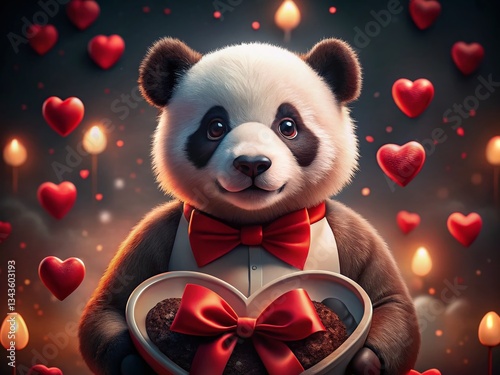 Adorable Panda Holding Heart-Shaped Valentines Day Gift, AI Generated Stock Photo