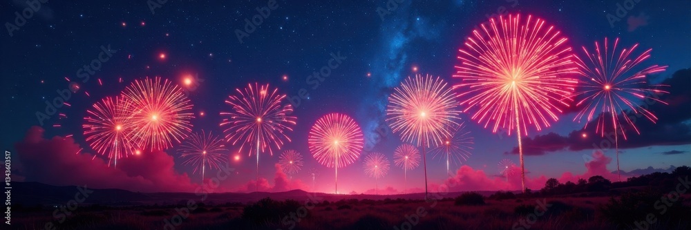 Vibrant explosions of colorful lights in the night sky, light show, pyrotechnics Vibrant explosions of colorful lights in the night sky, light show, pyrotechnics