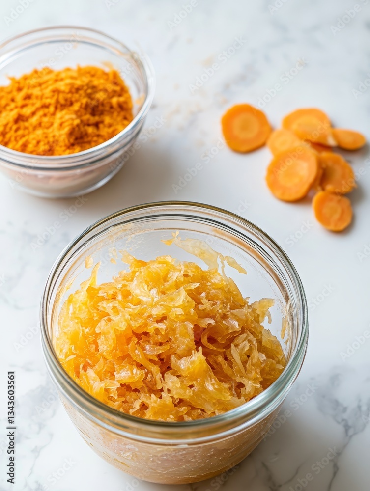 Vibrant Carrot Preparation: Sliced, Shredded, and Grated in Bowls on a Marble Surface, Ready for Culinary Creations Vibrant Carrot Preparation: Sliced, Shredded, and Grated in Bowls on a Marble Surface, Ready for Culinary Creations