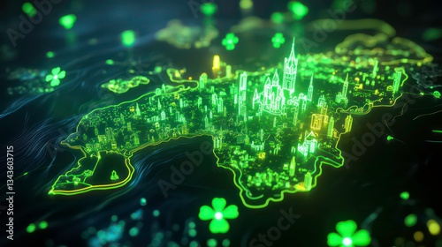 Glowing green city map with clover details, digital illustration.