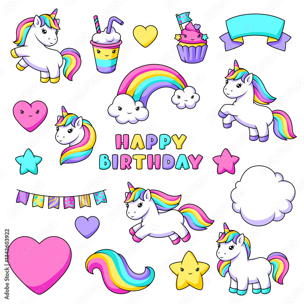 Fototapeta premium Unicorns and party items. Happy birthday decorative objects.
