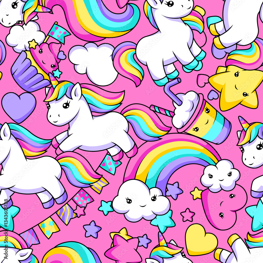 Naklejka premium Pattern with unicorns. Happy birthday party background.